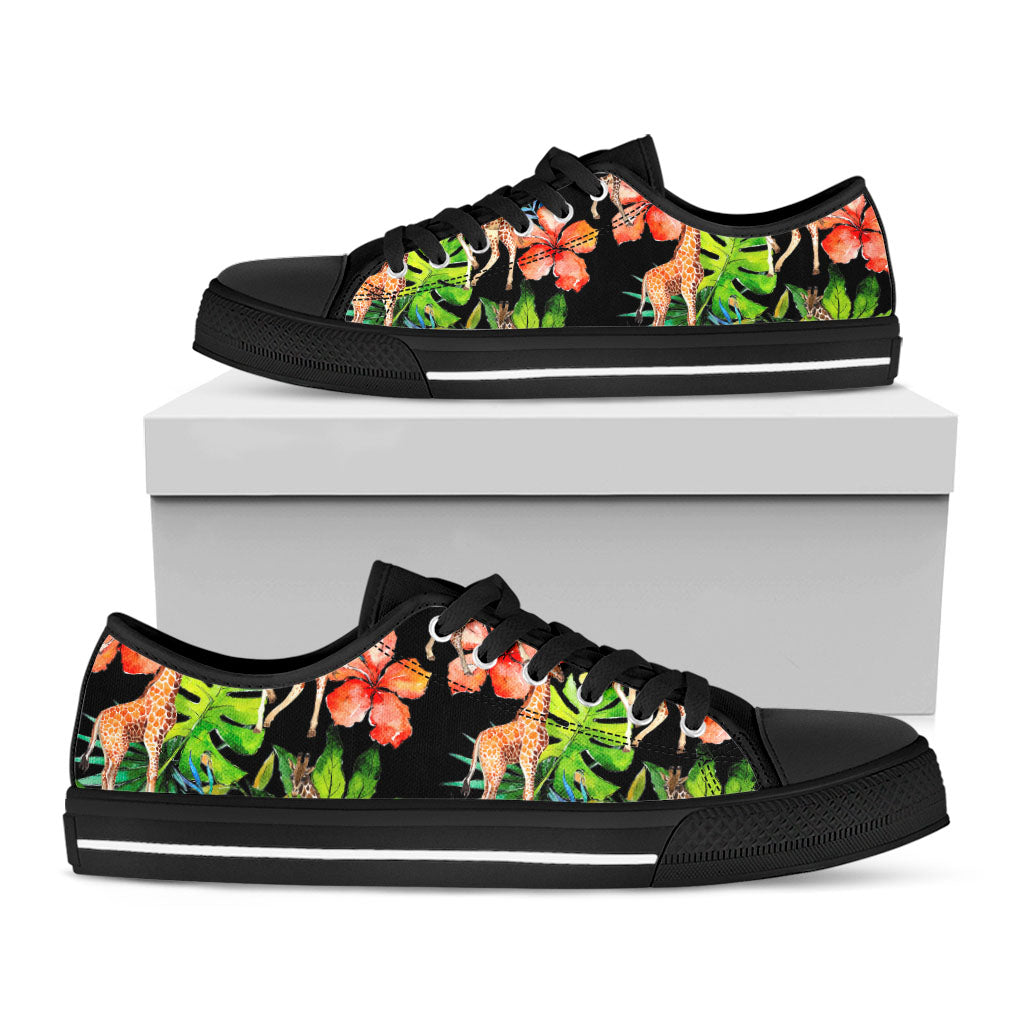 Black Tropical Giraffe Pattern Print Black Low Top Sneakers