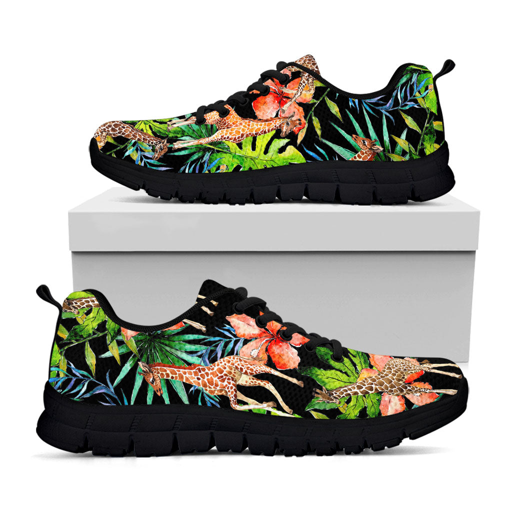 Black Tropical Giraffe Pattern Print Black Running Shoes