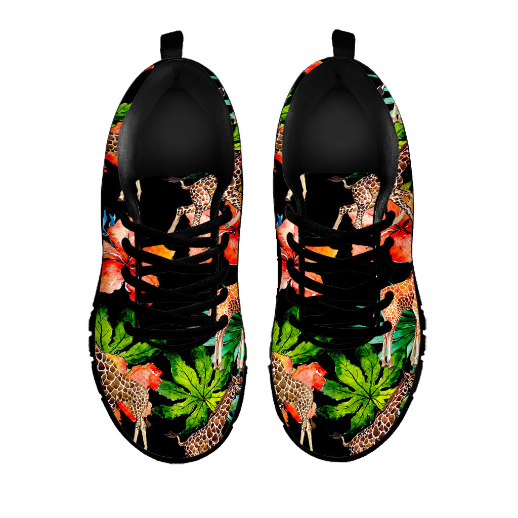 Black Tropical Giraffe Pattern Print Black Running Shoes