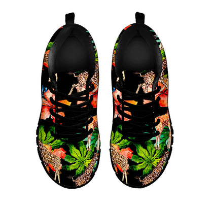 Black Tropical Giraffe Pattern Print Black Running Shoes