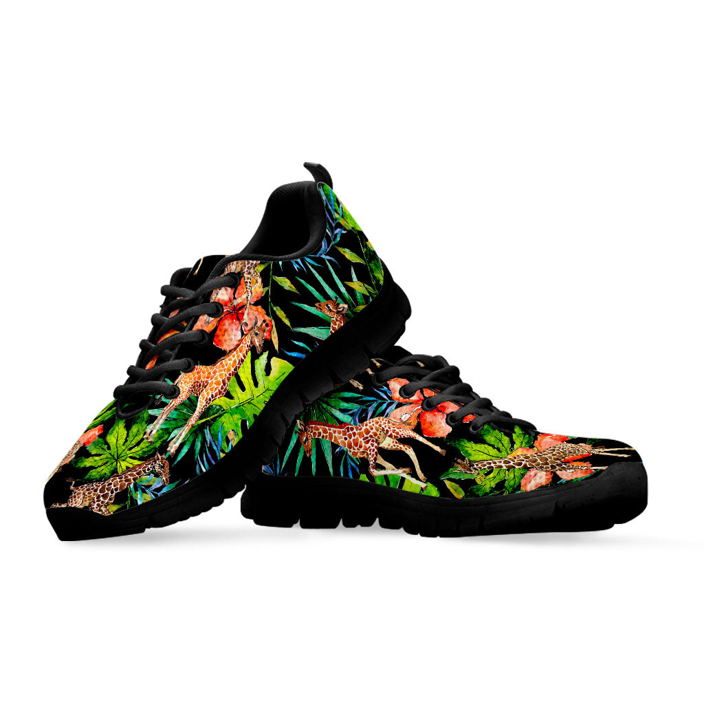 Black Tropical Giraffe Pattern Print Black Running Shoes