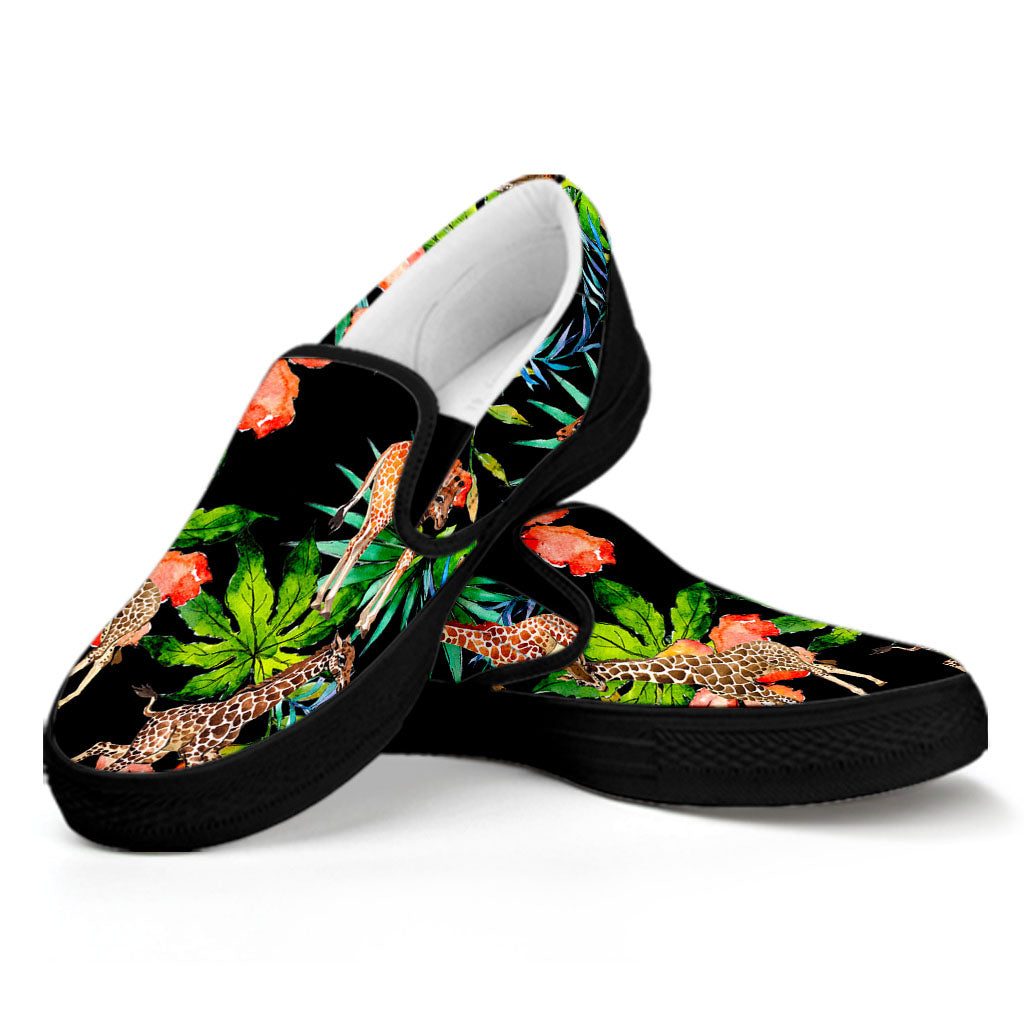 Black Tropical Giraffe Pattern Print Black Slip On Sneakers