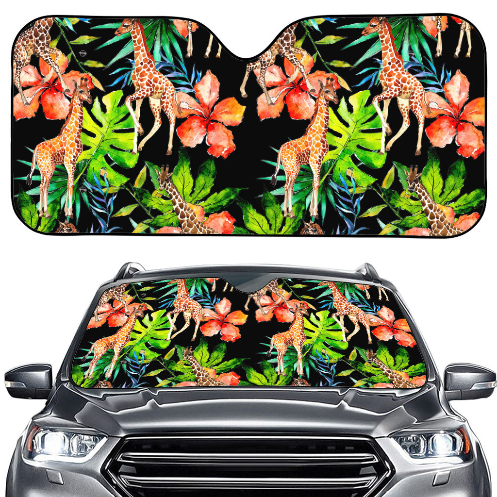 Black Tropical Giraffe Pattern Print Car Windshield Sun Shade