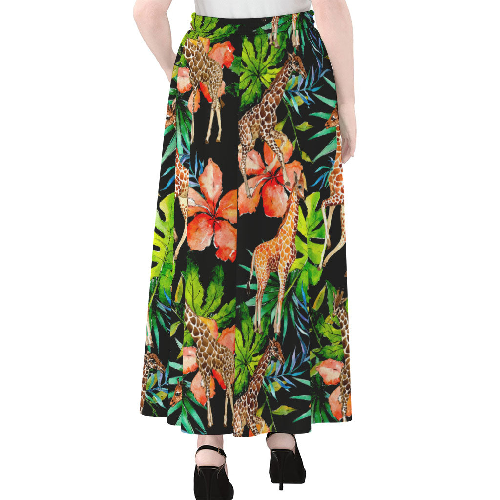 Black Tropical Giraffe Pattern Print Chiffon Maxi Skirt