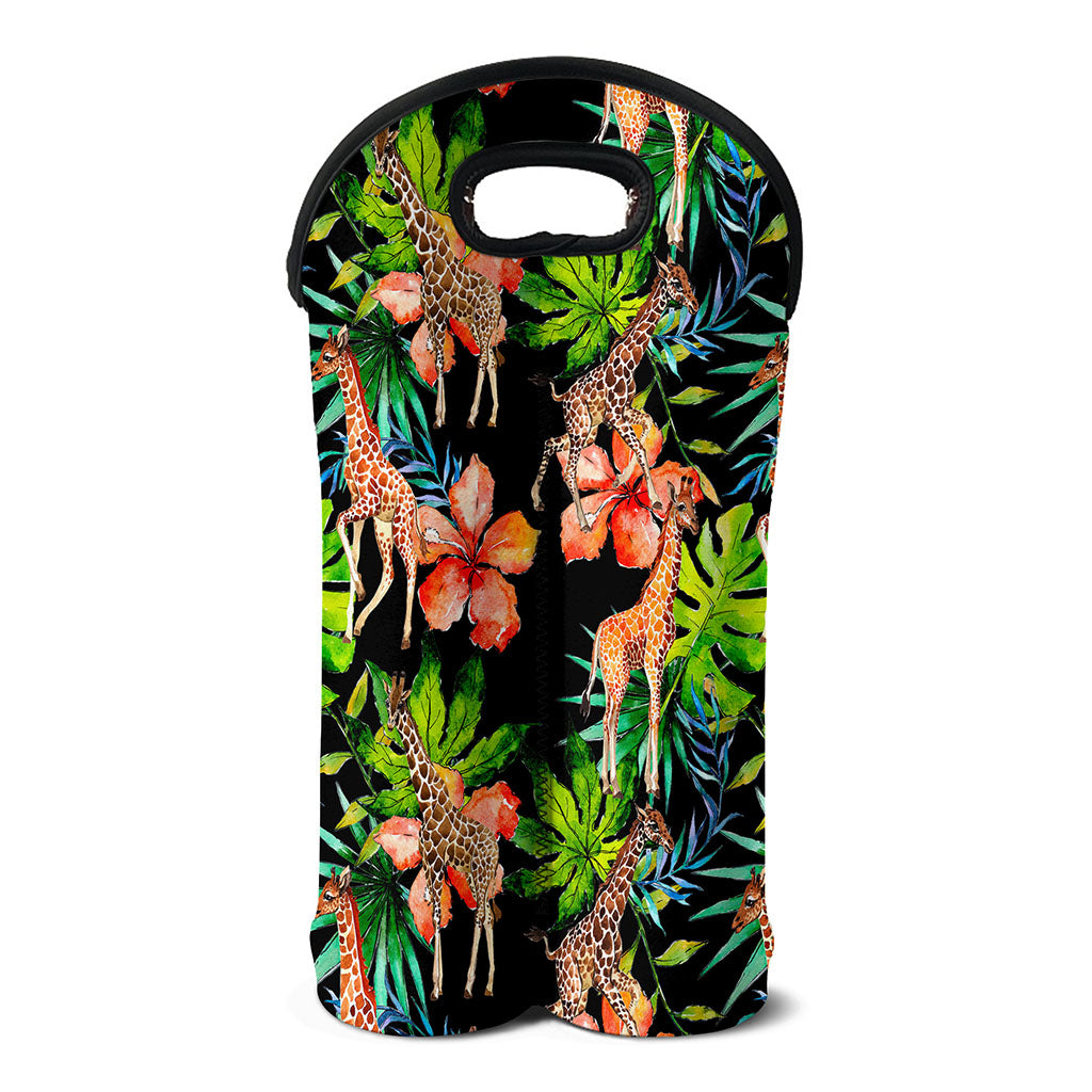Black Tropical Giraffe Pattern Print Double Neoprene Wine Tote