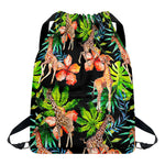 Black Tropical Giraffe Pattern Print Drawstring Backpack