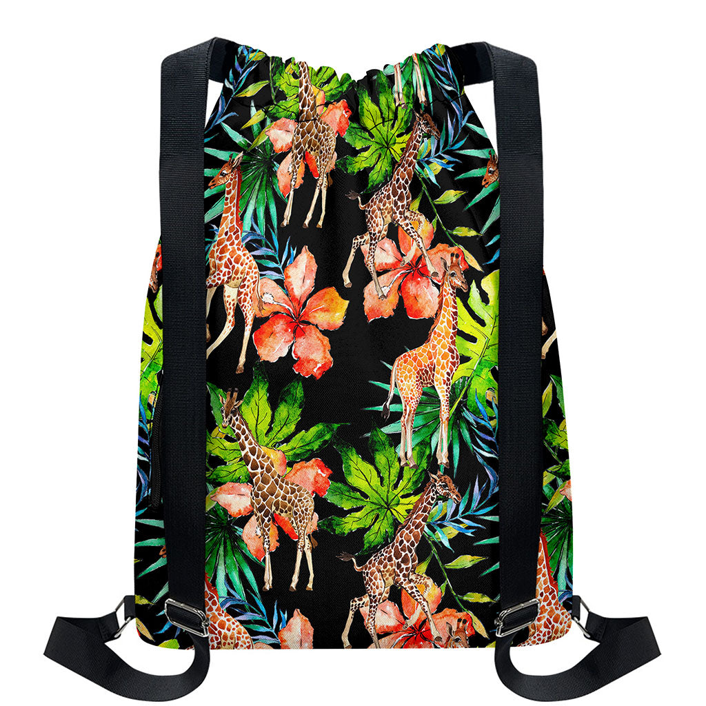 Black Tropical Giraffe Pattern Print Drawstring Backpack