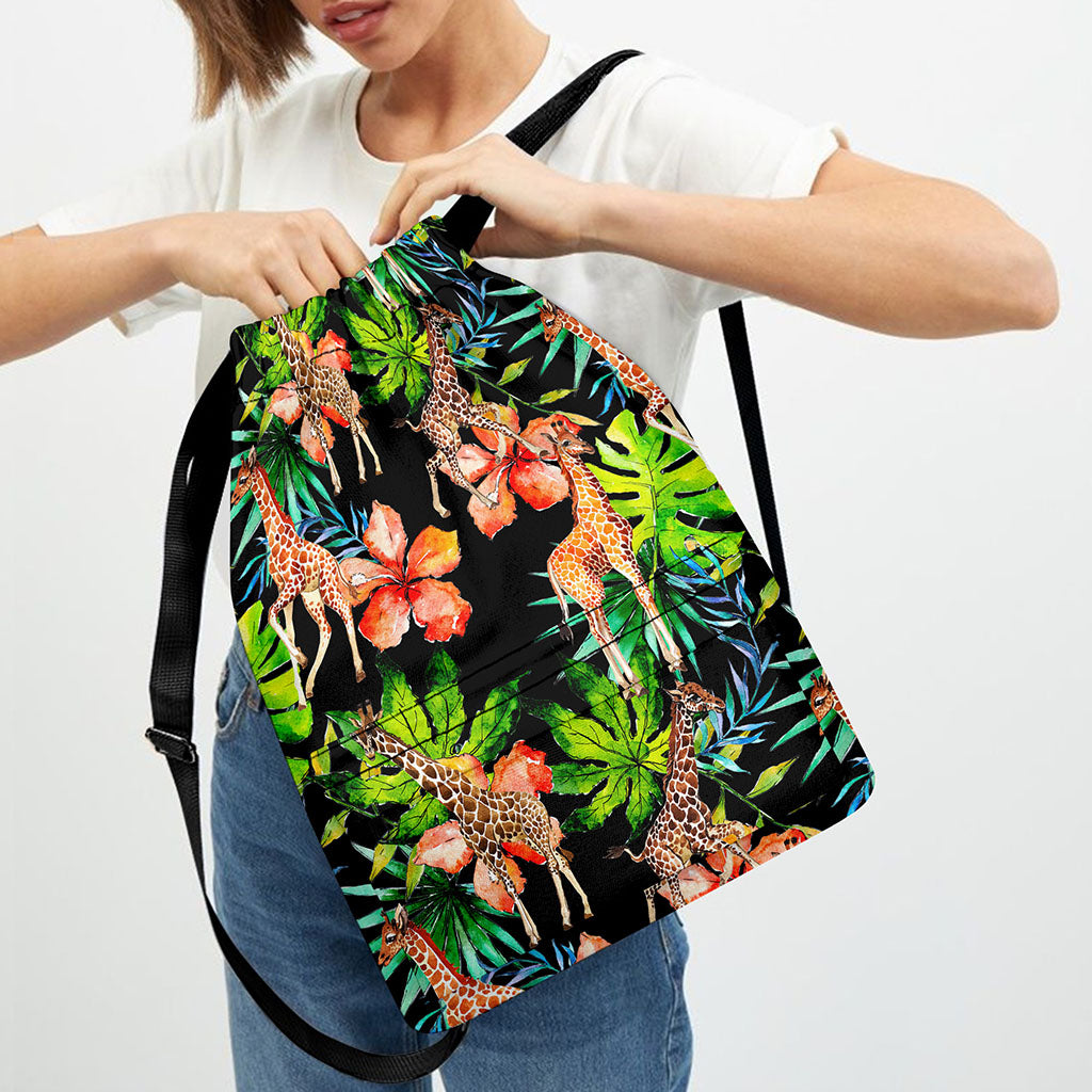 Black Tropical Giraffe Pattern Print Drawstring Backpack