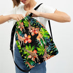Black Tropical Giraffe Pattern Print Drawstring Backpack