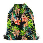 Black Tropical Giraffe Pattern Print Drawstring Bag
