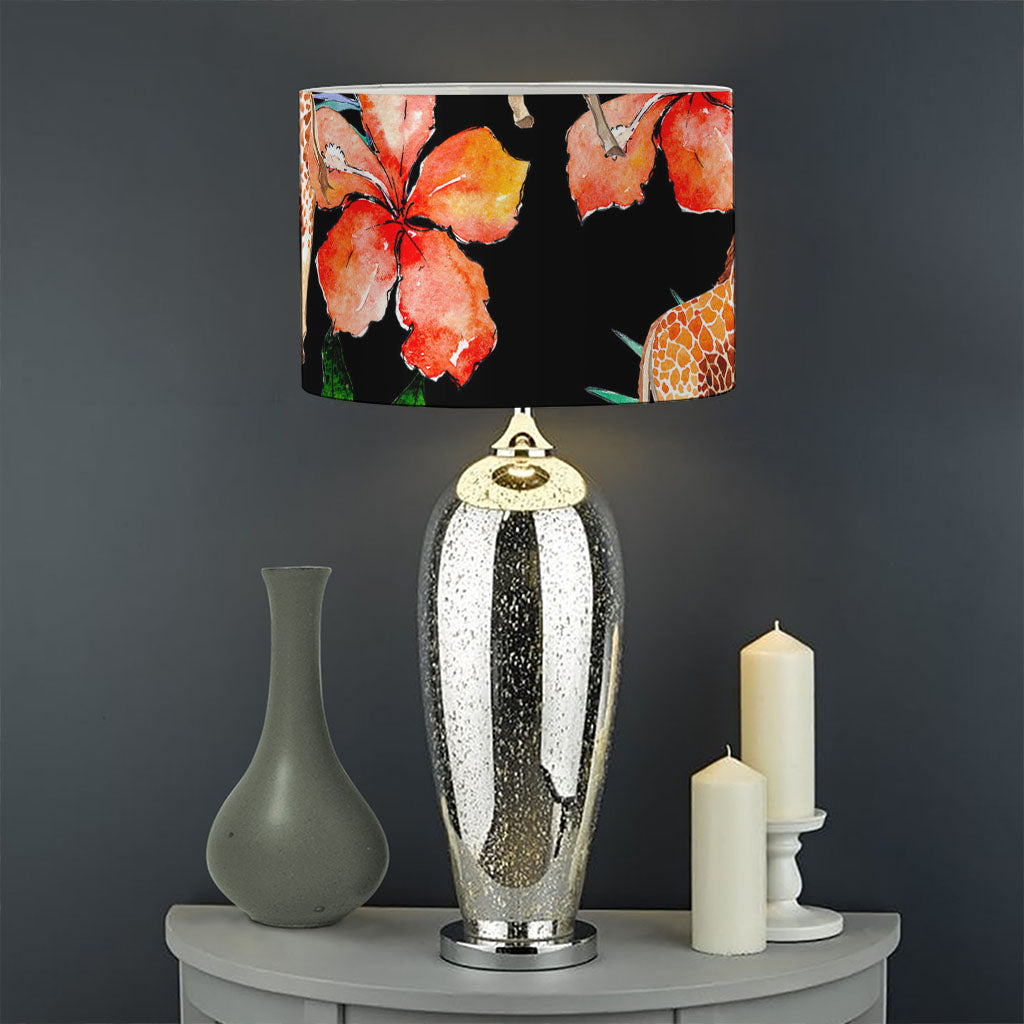 Black Tropical Giraffe Pattern Print Drum Lamp Shade