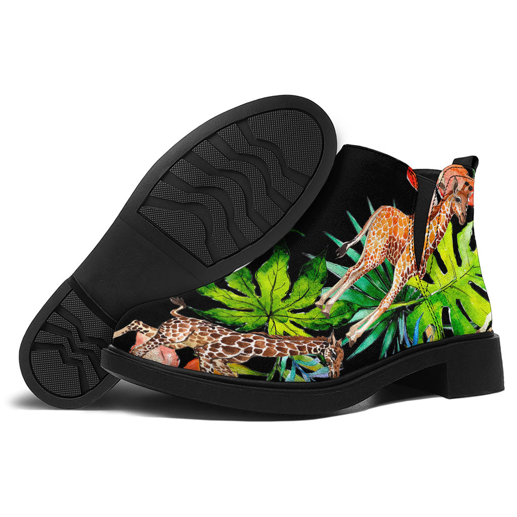 Black Tropical Giraffe Pattern Print Flat Ankle Boots