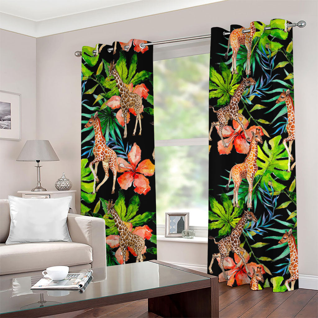 Black Tropical Giraffe Pattern Print Grommet Curtains