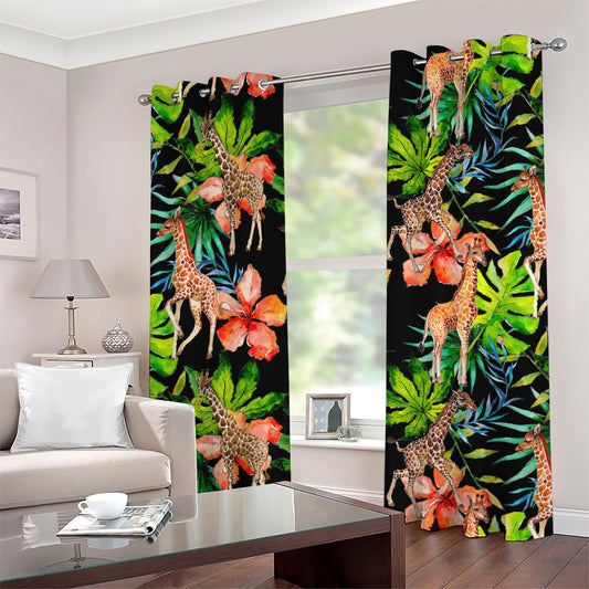 Black Tropical Giraffe Pattern Print Grommet Curtains