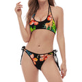 Black Tropical Giraffe Pattern Print Halter Scoop Tie Side Bikini