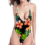 Black Tropical Giraffe Pattern Print High Cut One Piece Swimsuit