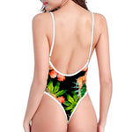 Black Tropical Giraffe Pattern Print High Cut One Piece Swimsuit