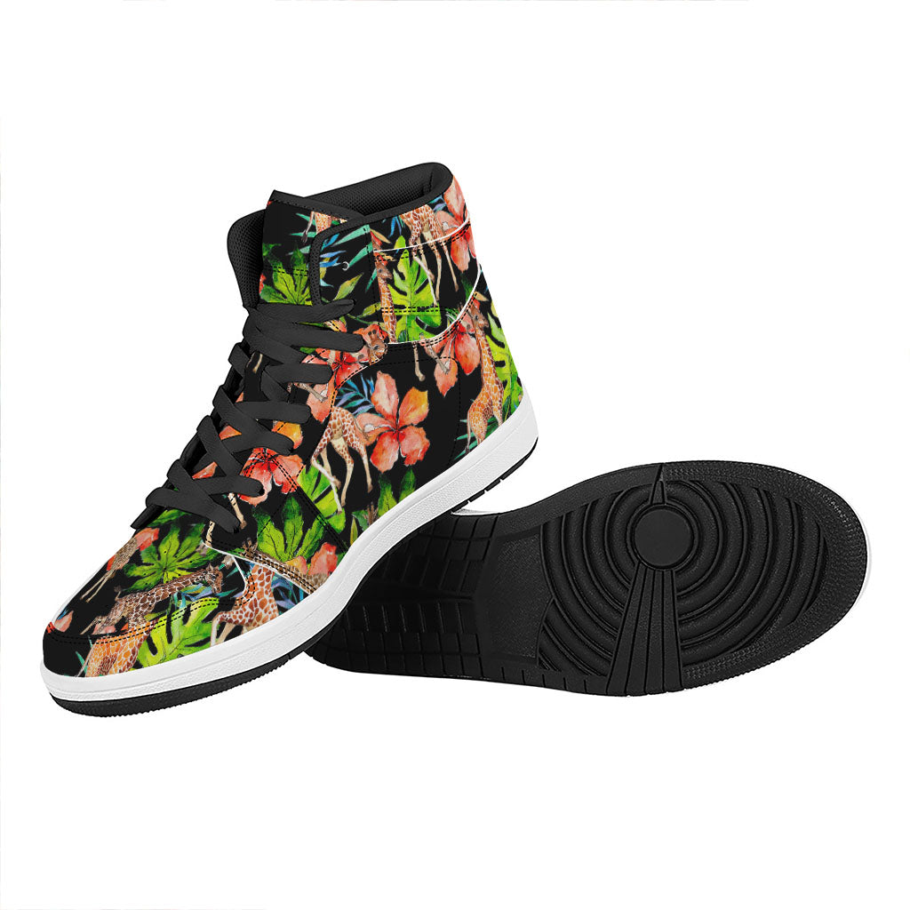 Black Tropical Giraffe Pattern Print High Top Leather Sneakers