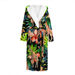 Black Tropical Giraffe Pattern Print Hooded Bathrobe