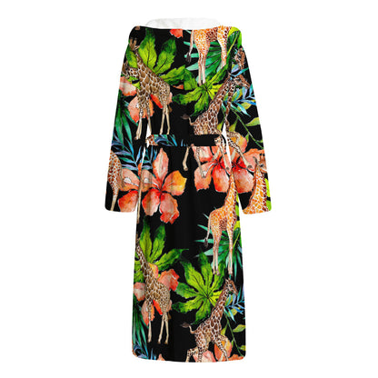 Black Tropical Giraffe Pattern Print Hooded Bathrobe