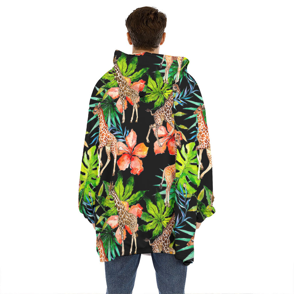 Black Tropical Giraffe Pattern Print Hoodie Blanket