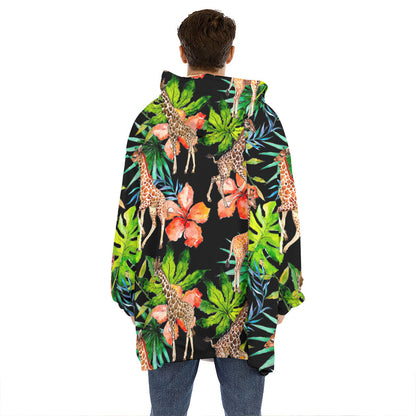 Black Tropical Giraffe Pattern Print Hoodie Blanket