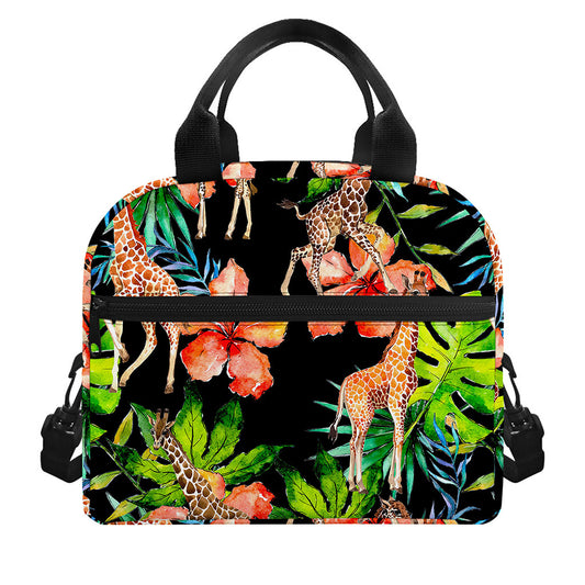 Black Tropical Giraffe Pattern Print Insulated Lunch Bag