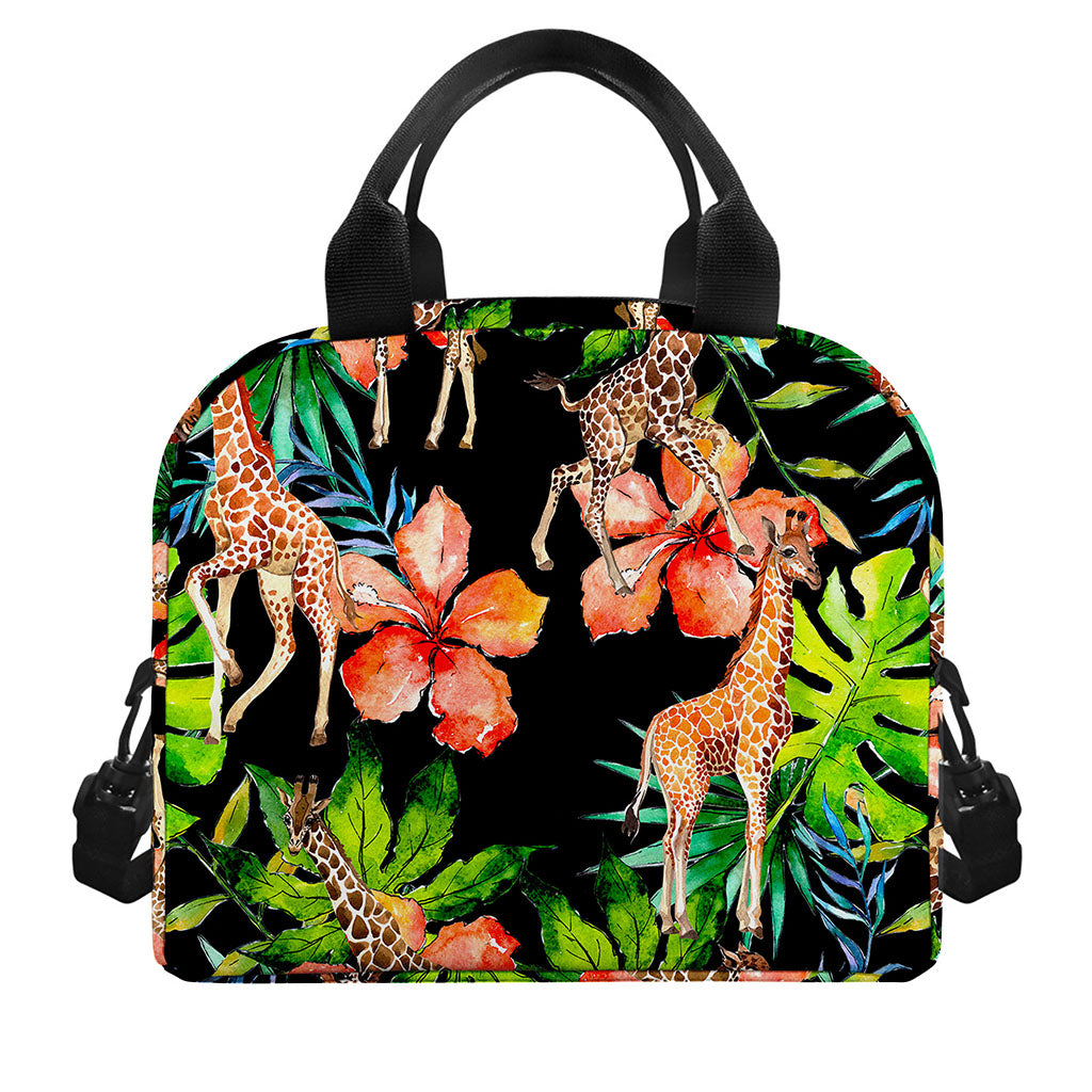 Black Tropical Giraffe Pattern Print Insulated Lunch Bag