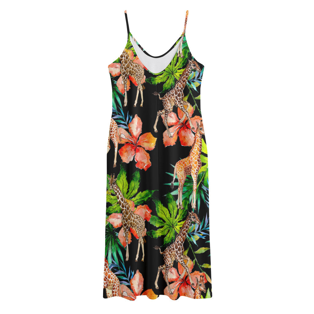 Black Tropical Giraffe Pattern Print Jersey Midi Cami Dress