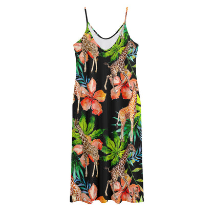 Black Tropical Giraffe Pattern Print Jersey Midi Cami Dress