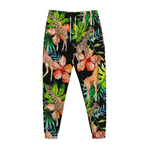 Black Tropical Giraffe Pattern Print Jogger Pants