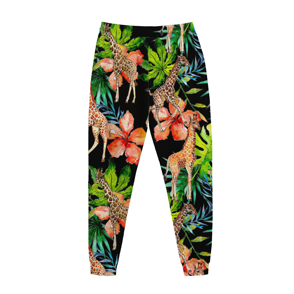 Black Tropical Giraffe Pattern Print Jogger Pants