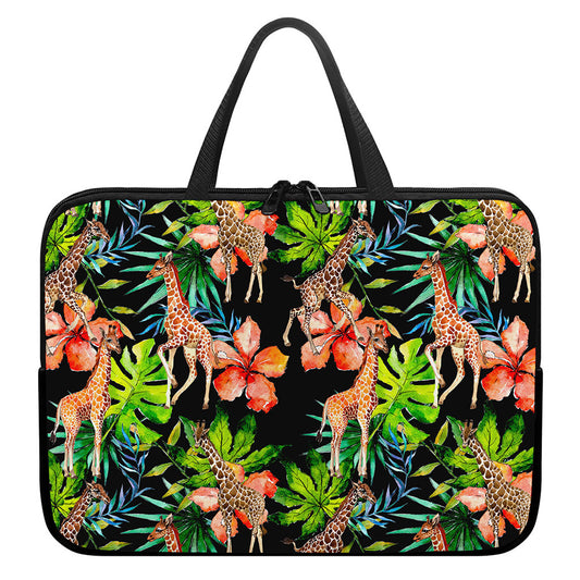 Black Tropical Giraffe Pattern Print Laptop Sleeve With Handle