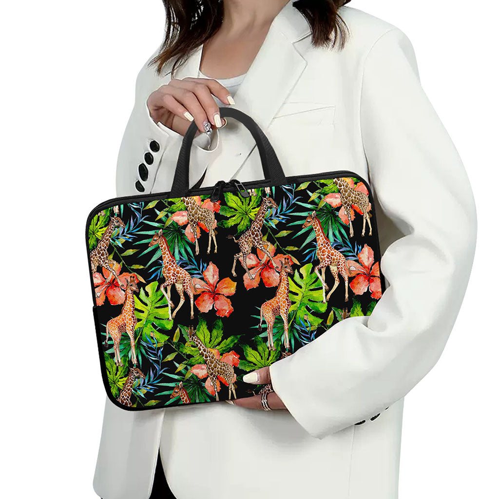 Black Tropical Giraffe Pattern Print Laptop Sleeve With Handle