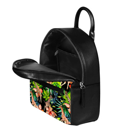 Black Tropical Giraffe Pattern Print Leather Backpack