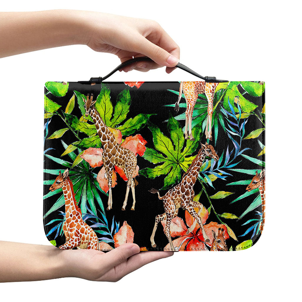 Black Tropical Giraffe Pattern Print Leather Bible Cover