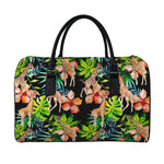 Black Tropical Giraffe Pattern Print Leather Duffle Bag