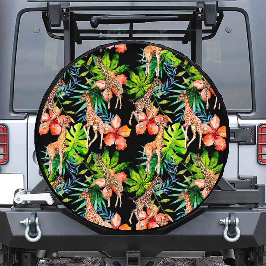 Black Tropical Giraffe Pattern Print Leather Spare Tire Cover