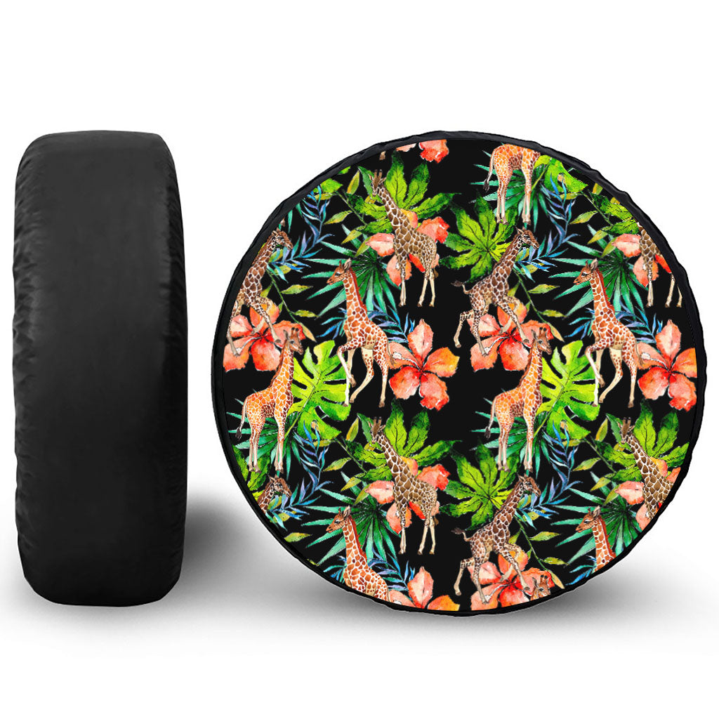 Black Tropical Giraffe Pattern Print Leather Spare Tire Cover