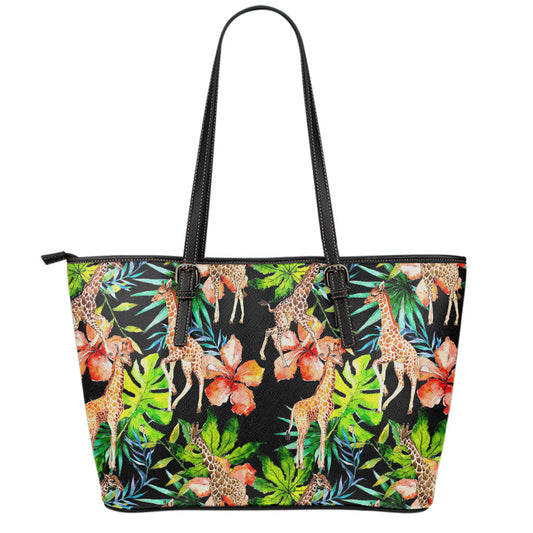Black Tropical Giraffe Pattern Print Leather Tote Bag
