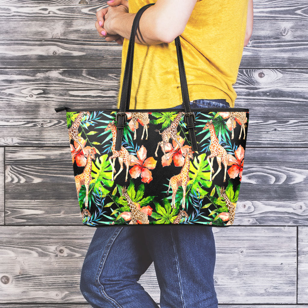 Black Tropical Giraffe Pattern Print Leather Tote Bag