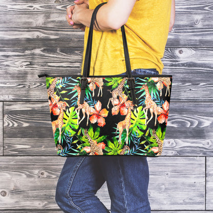 Black Tropical Giraffe Pattern Print Leather Tote Bag