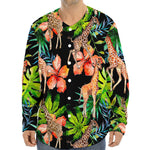 Black Tropical Giraffe Pattern Print Long Sleeve Baseball Jersey