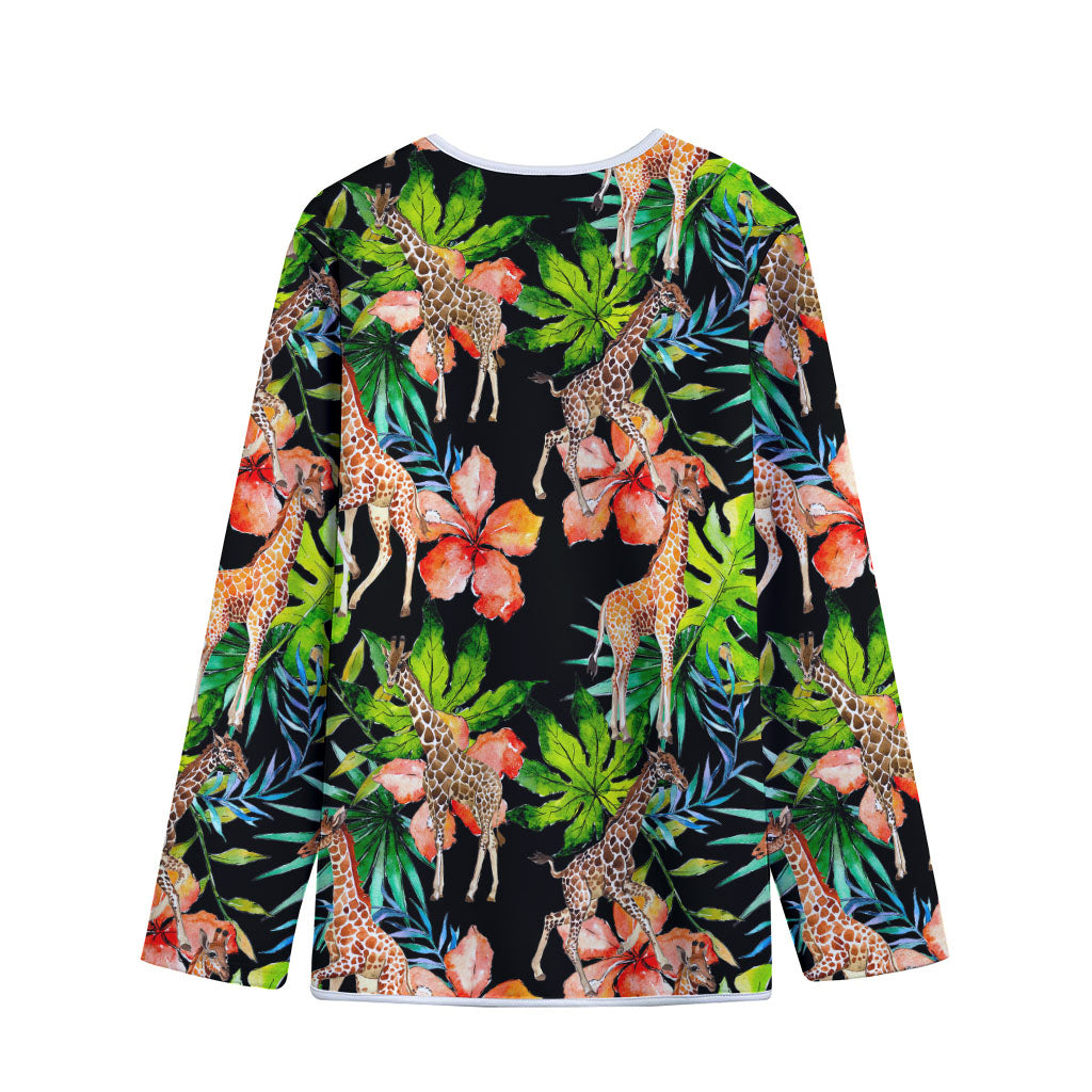 Black Tropical Giraffe Pattern Print Long Sleeve Short Coat