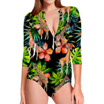 Black Tropical Giraffe Pattern Print Long Sleeve Swimsuit