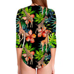 Black Tropical Giraffe Pattern Print Long Sleeve Swimsuit