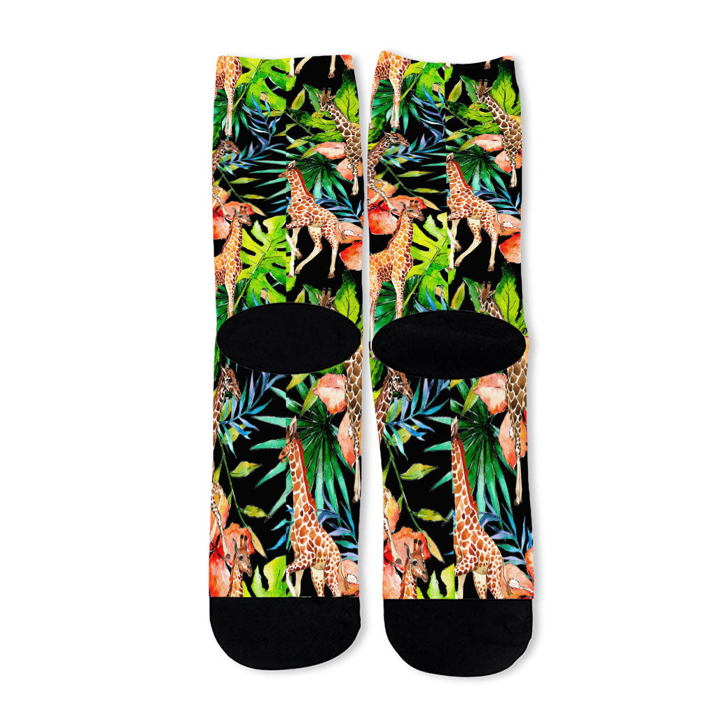 Black Tropical Giraffe Pattern Print Long Socks