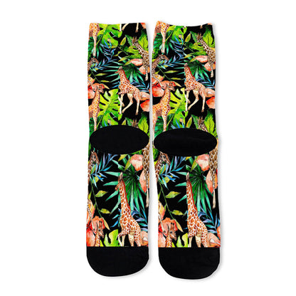 Black Tropical Giraffe Pattern Print Long Socks