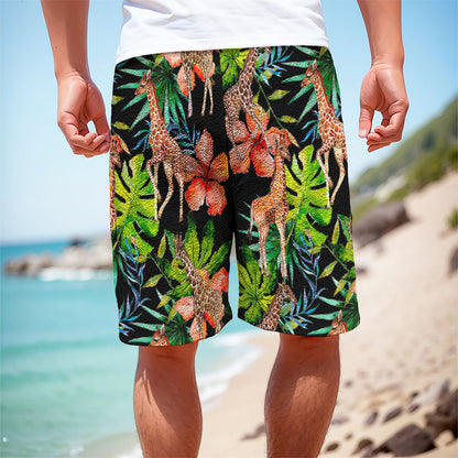 Black Tropical Giraffe Pattern Print Men's Cargo Shorts