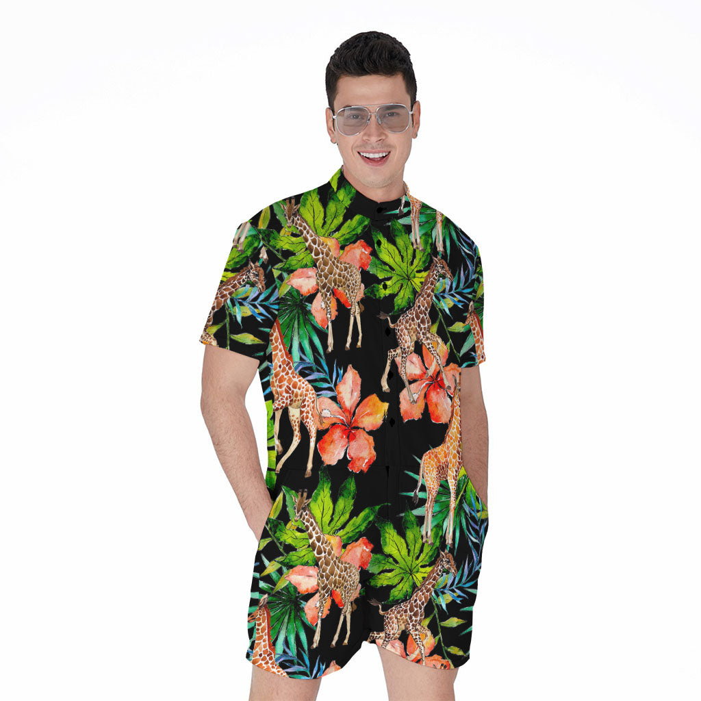 Black Tropical Giraffe Pattern Print Men's Rompers